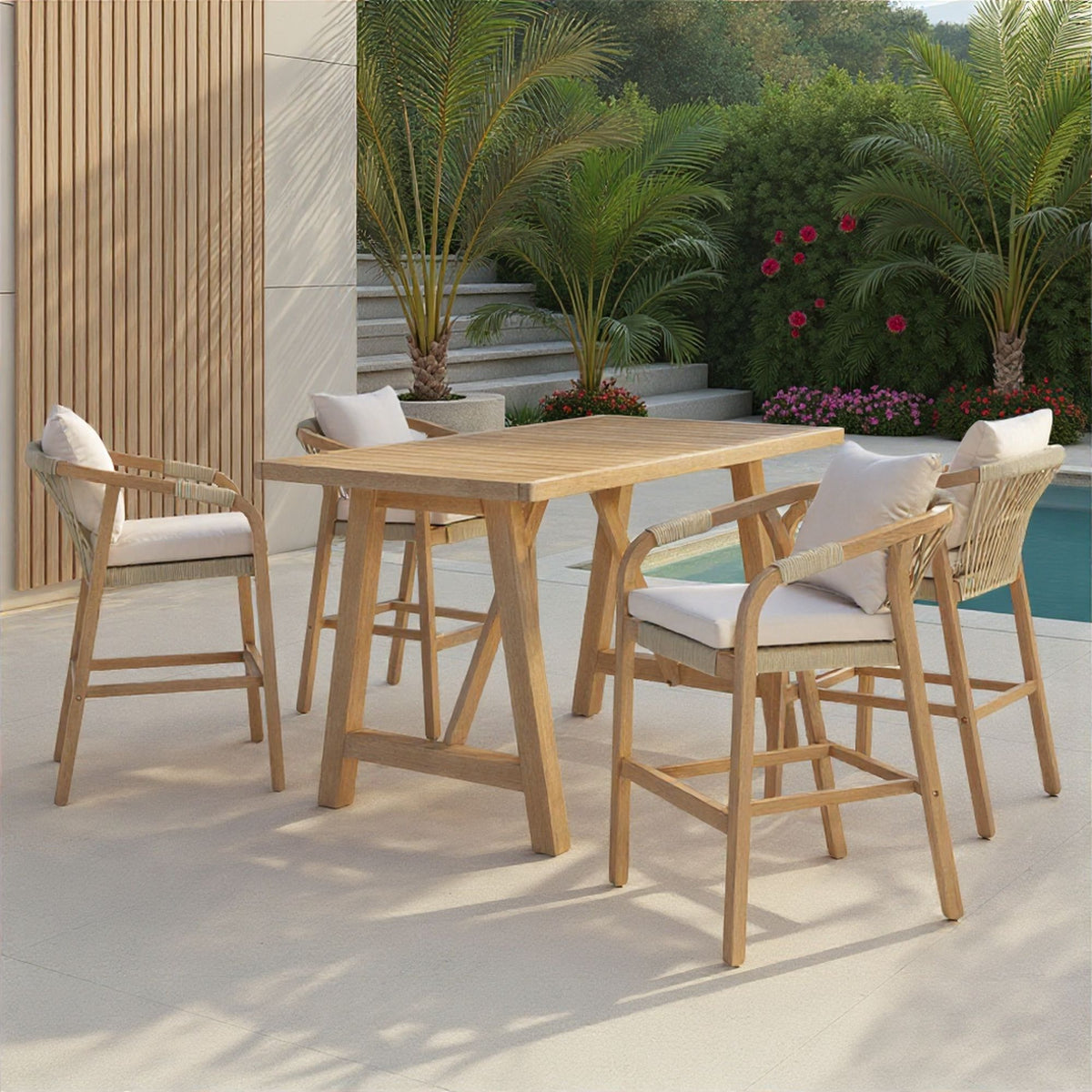 Delfina - 5-Piece Outdoor Bar Dining Set - Natural Eucalyptus