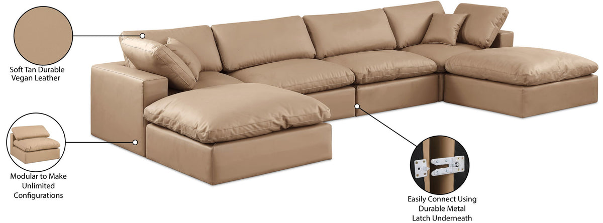 Comfy - 6 Piece Faux Leather Modular Double Chaise Sectional - Tan