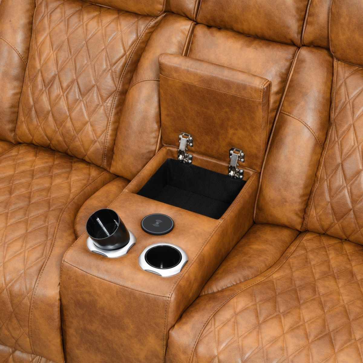 Taddeo - Power Motion Sectional Sofa With Power Headrest, Massage & LED - Two Tone Brown Leatherette