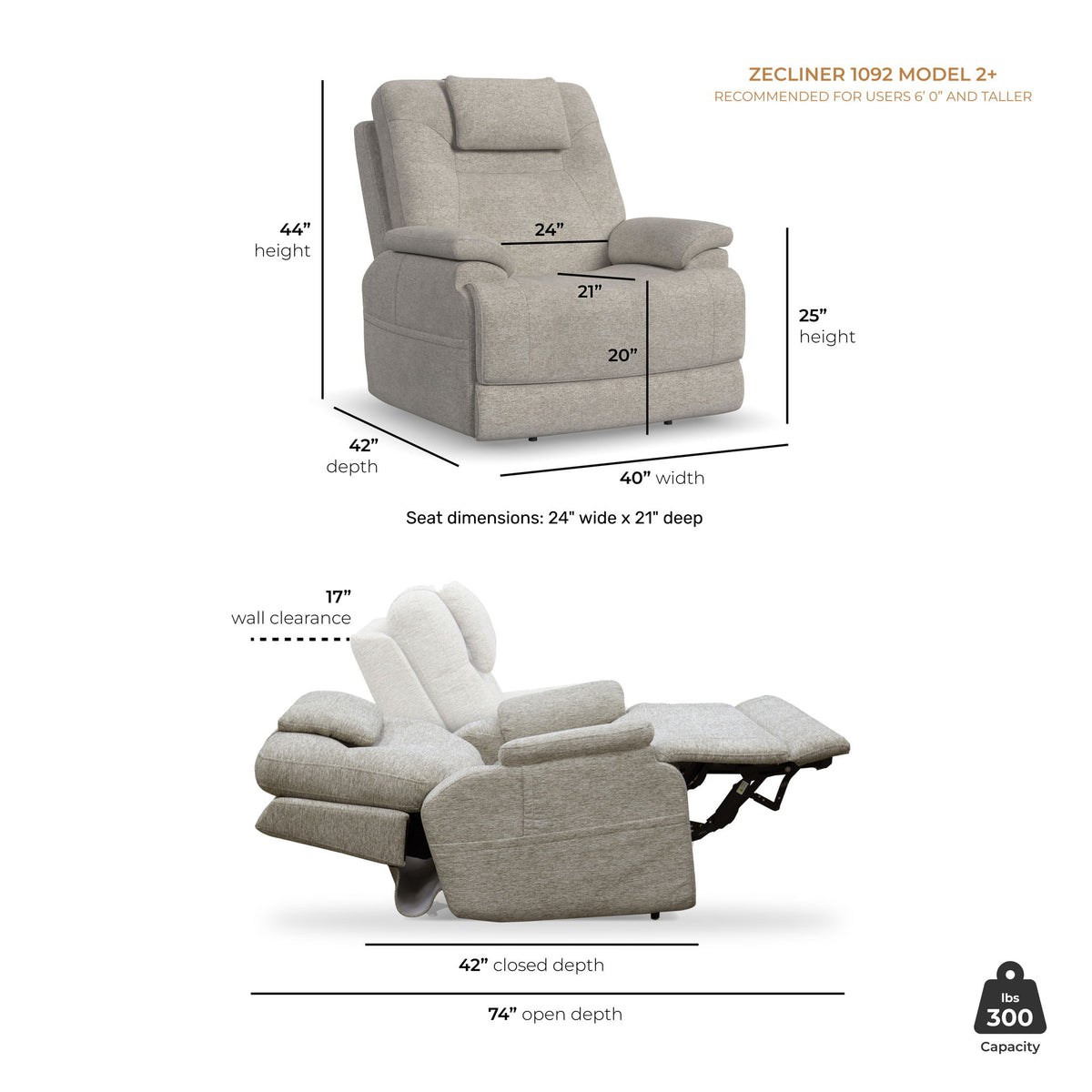 Zecliner Model 2+ - Power Lift Recliner With Power Headrest, Lumbar, Heat & Massage