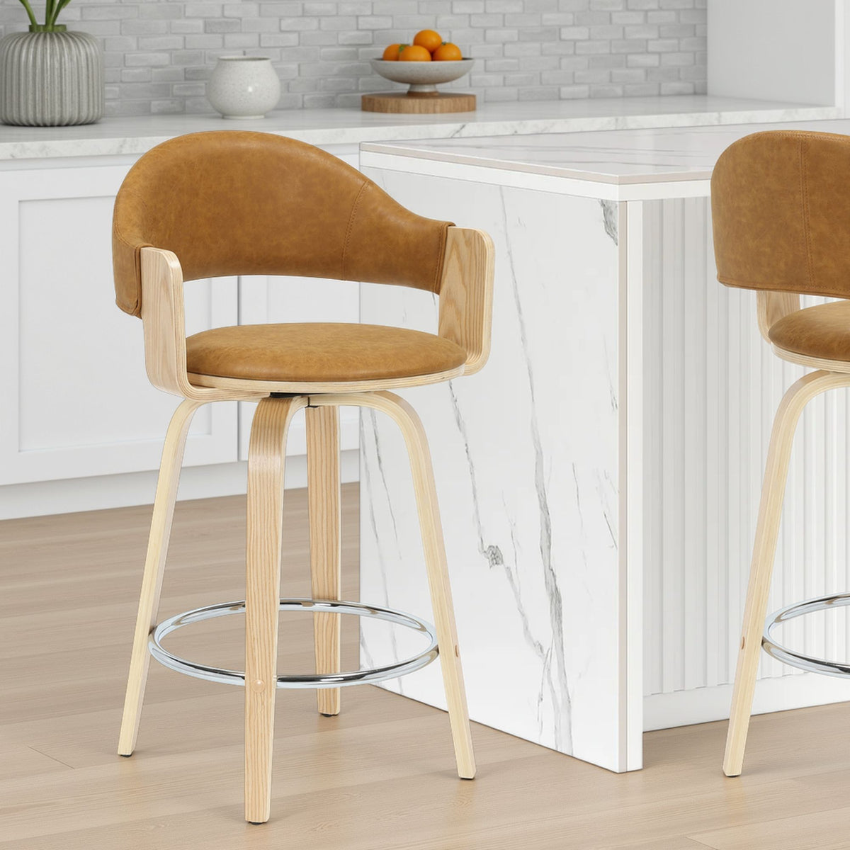 Daxton - Swivel Counter Height Round Back Wood Bar Stool With Faux Leather Seat