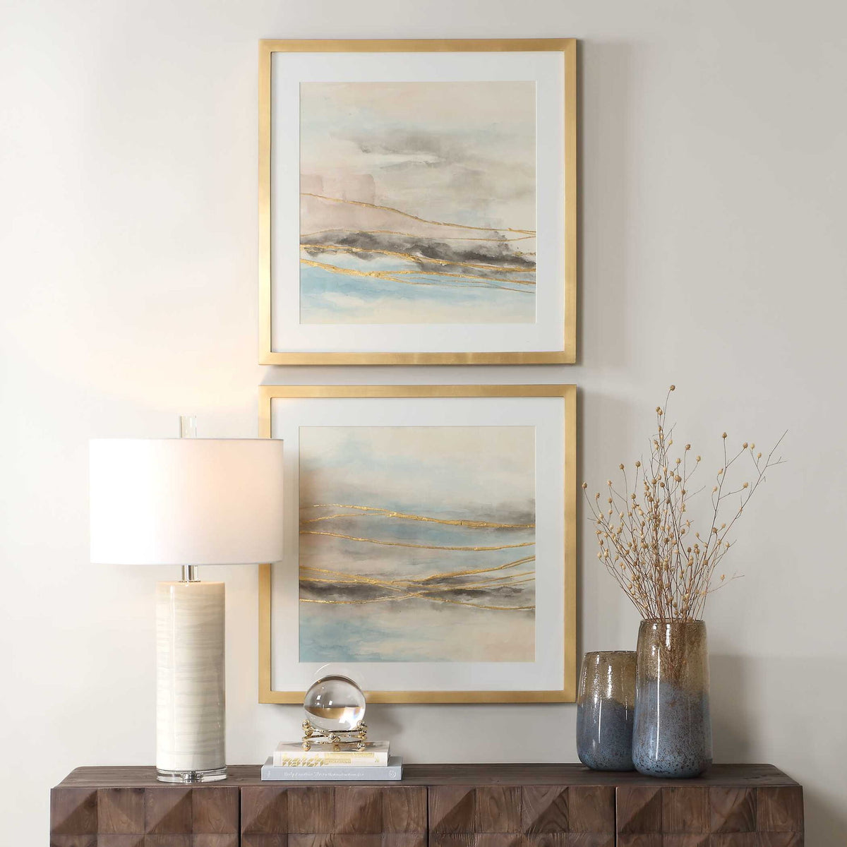 So Golden - Abstract Landscape Prints (Set of 2) - Black / Blue / Brass / Gold / Gray / Pink / White