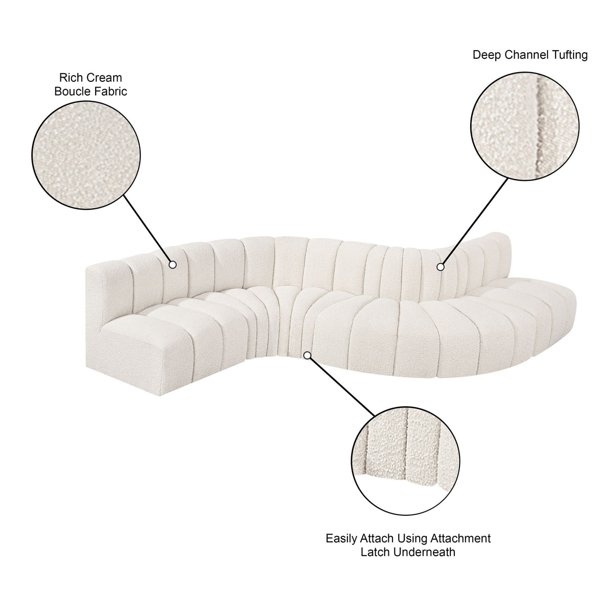 Arc - Boucle Fabric 6 Piece Curved Modular Sofa
