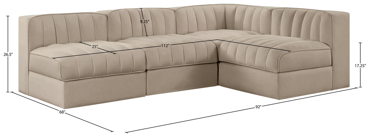 Rummi - Armless Velvet Performance Fabric Upholstered 4 Piece Modular Sectional