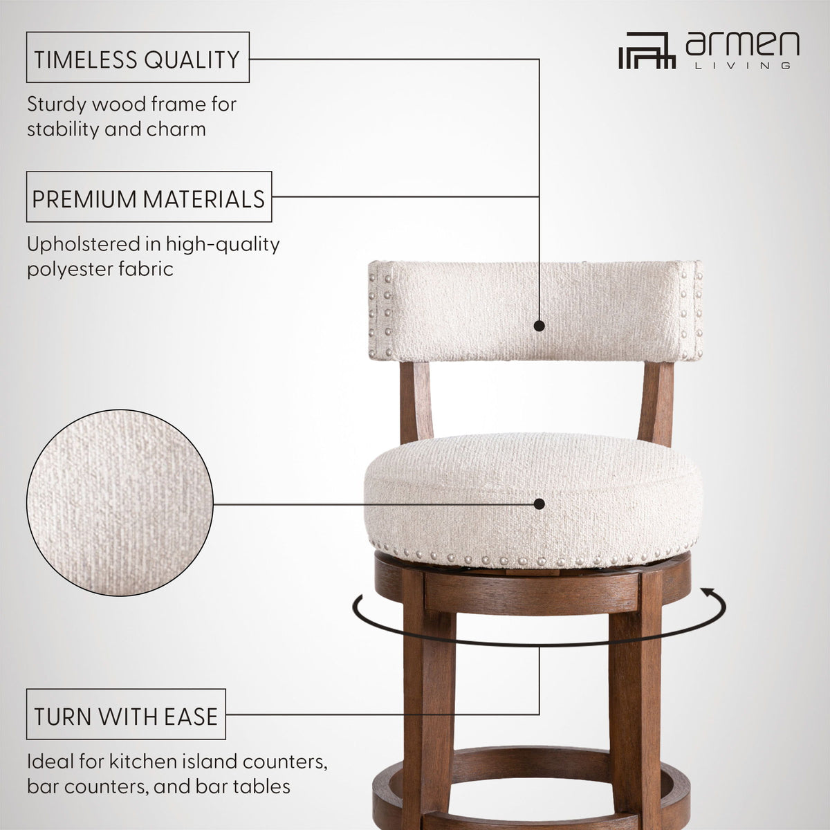 Mystic - Solid Wood Upholstered 30" Bar Height Swivel Barstool