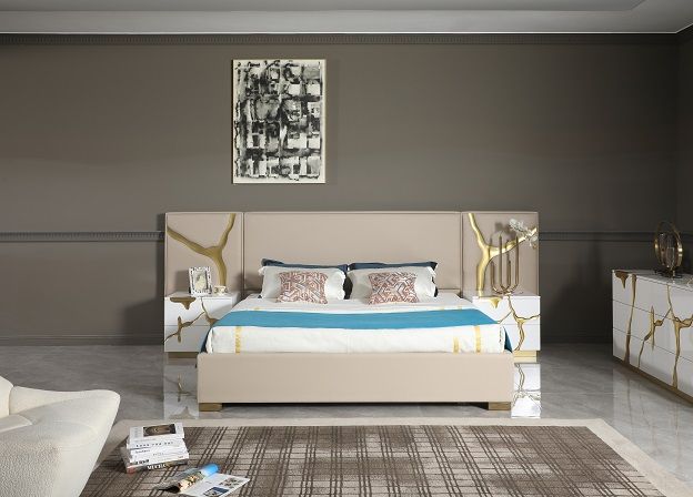 Aspen - Glam Beige Bonded Leather & Gold EK Bed