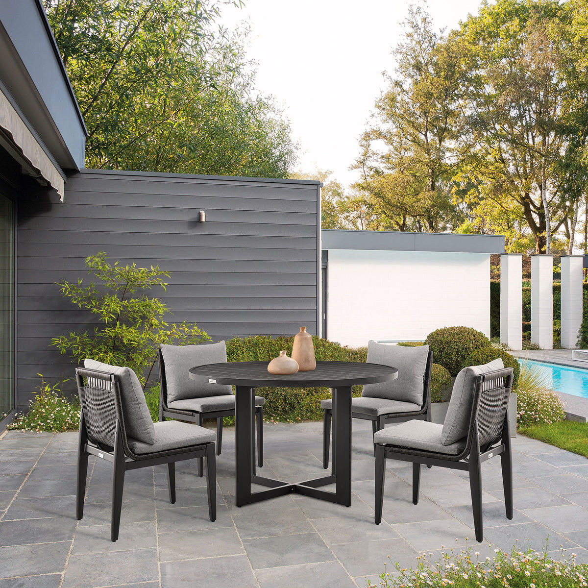 Cayman - Outdoor Patio 5 Piece Round Dining Table Set With Cushions - Gray