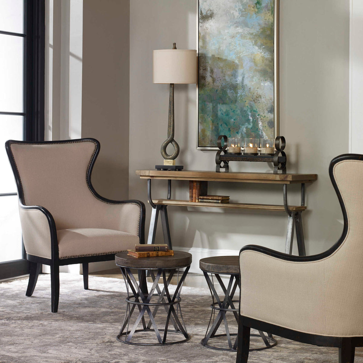Sandy - Wing Back Armchair - Beige & Dark Brown