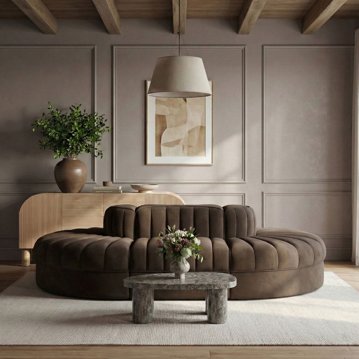 Rummi - Oval Velvet Performance Fabric Upholstered 6 Piece Modular Sectional
