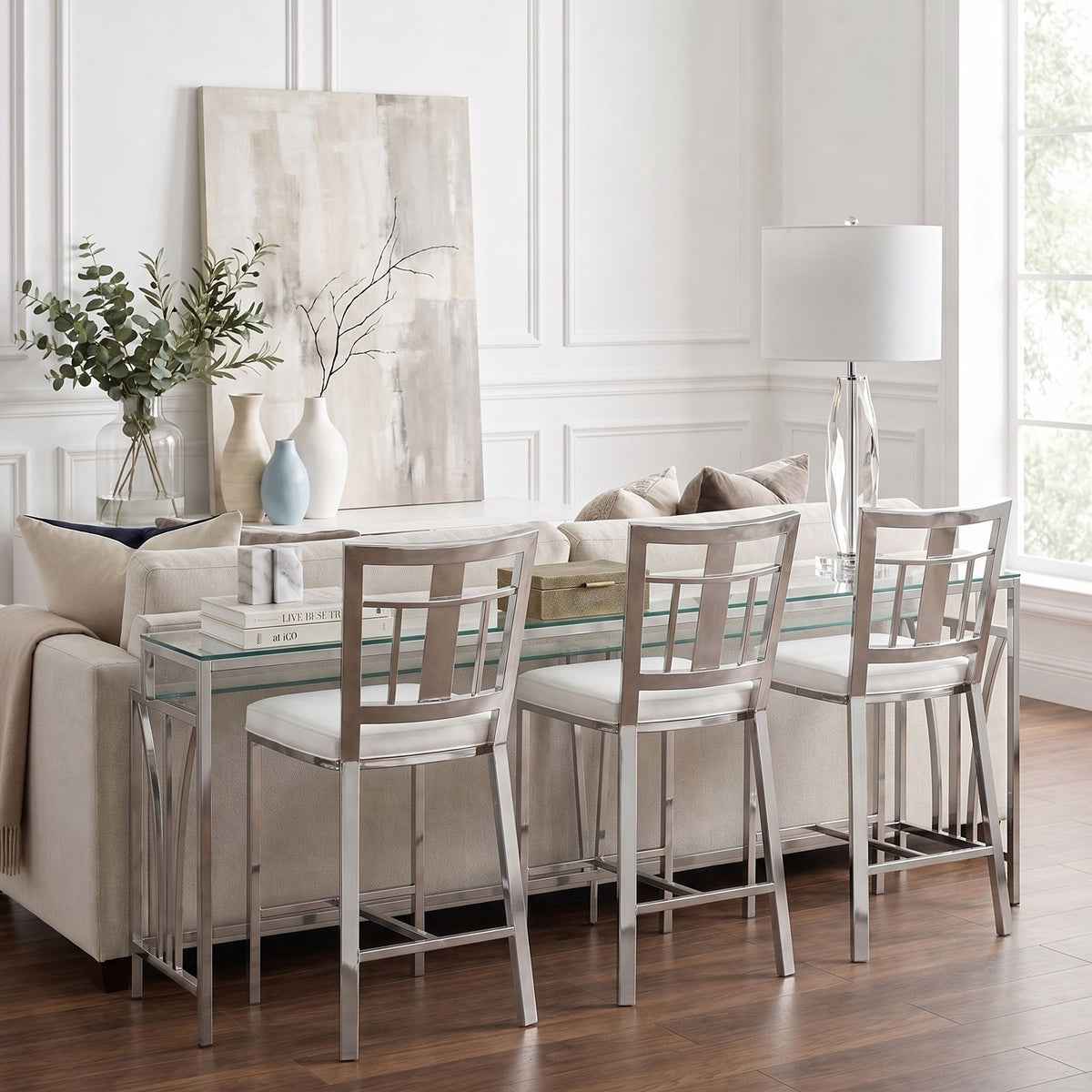 Celina - 72" Rectangle Tempered Glass Console Table - Shiny Nickel