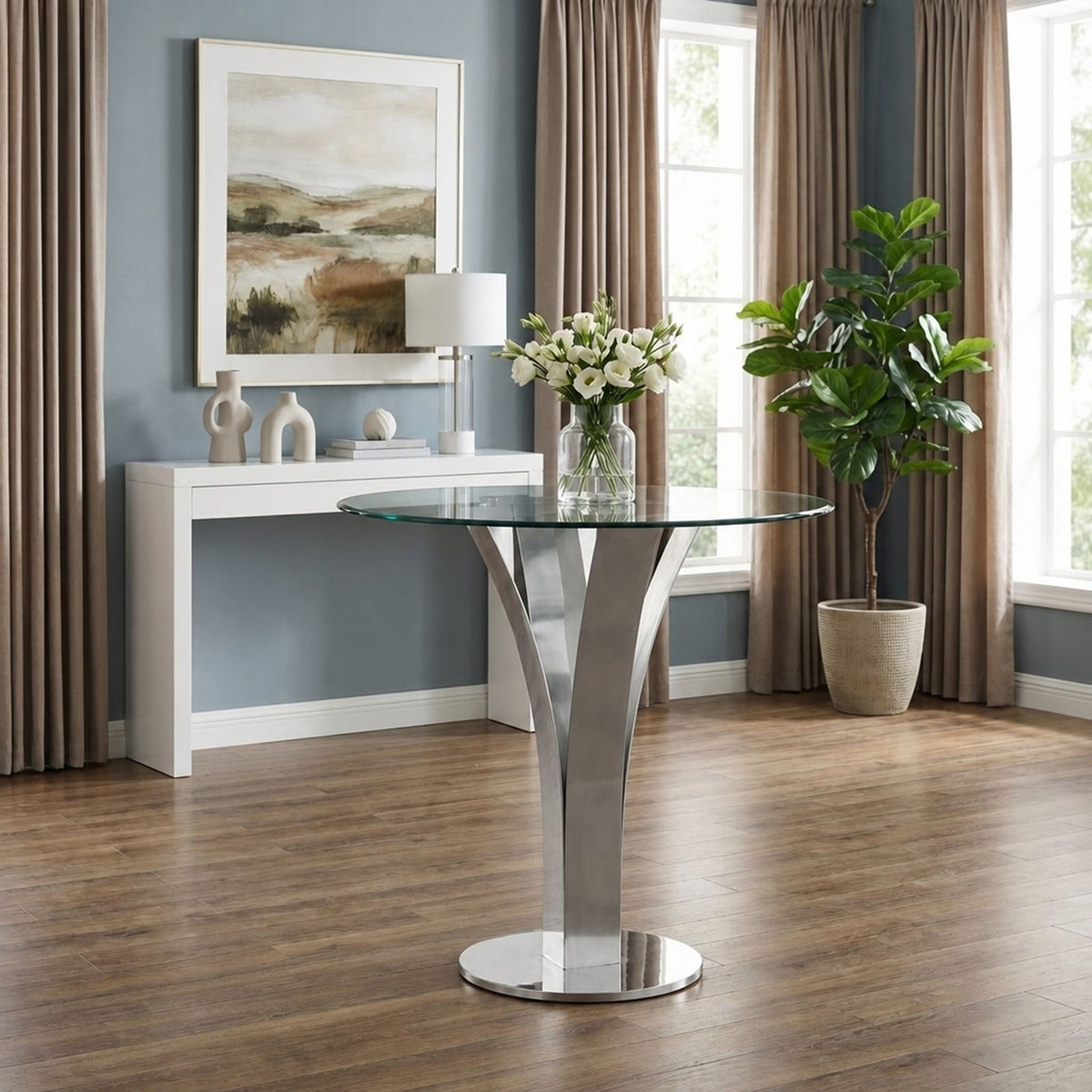 Celina - Modern Contemporary Round Tempered Glass 48" Pedestal Base Dining Table Seats Up To 4 - Shiny Nickel