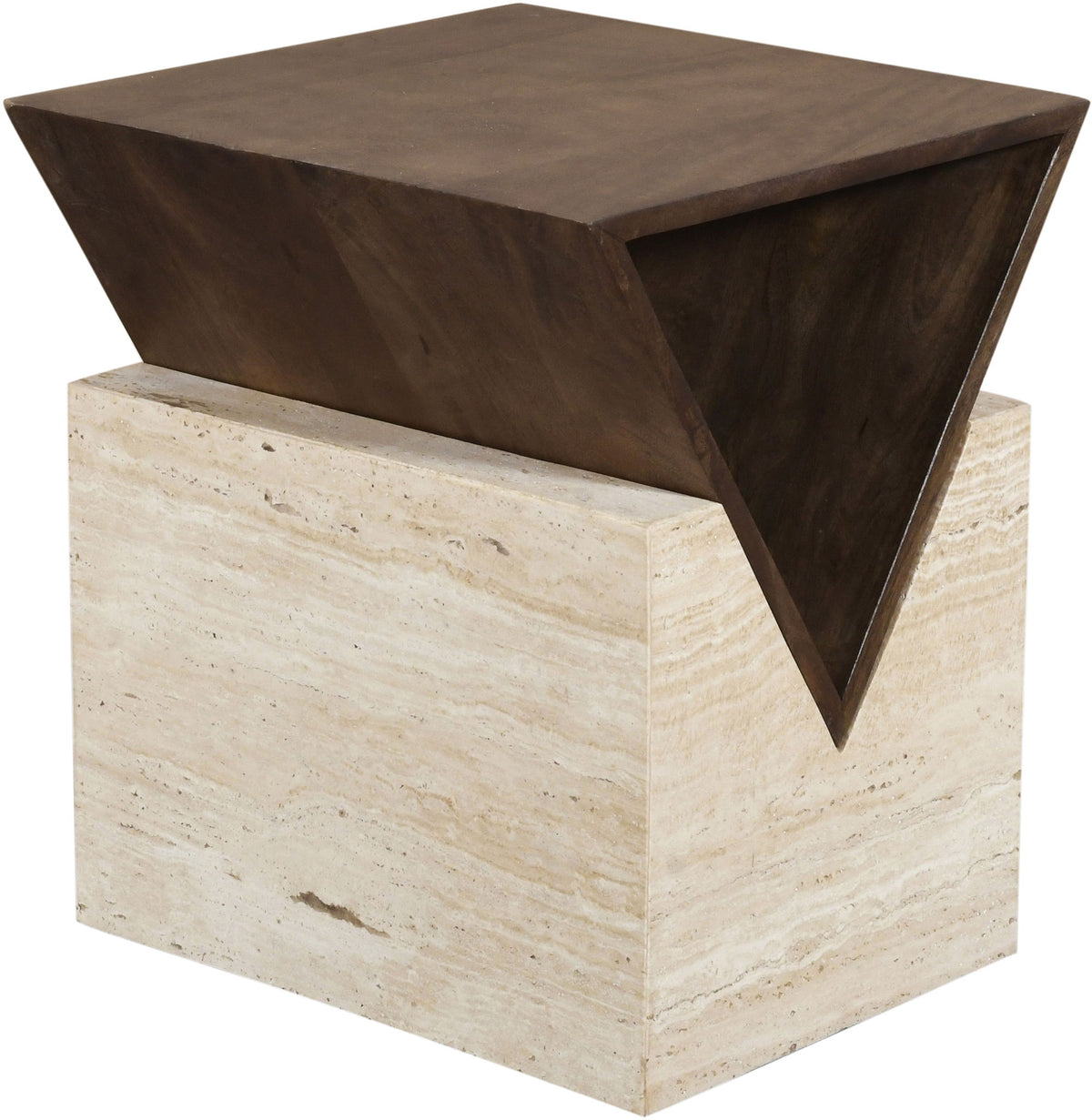 Opus - Travertine And Mango Wood End Table - Brown / Beige