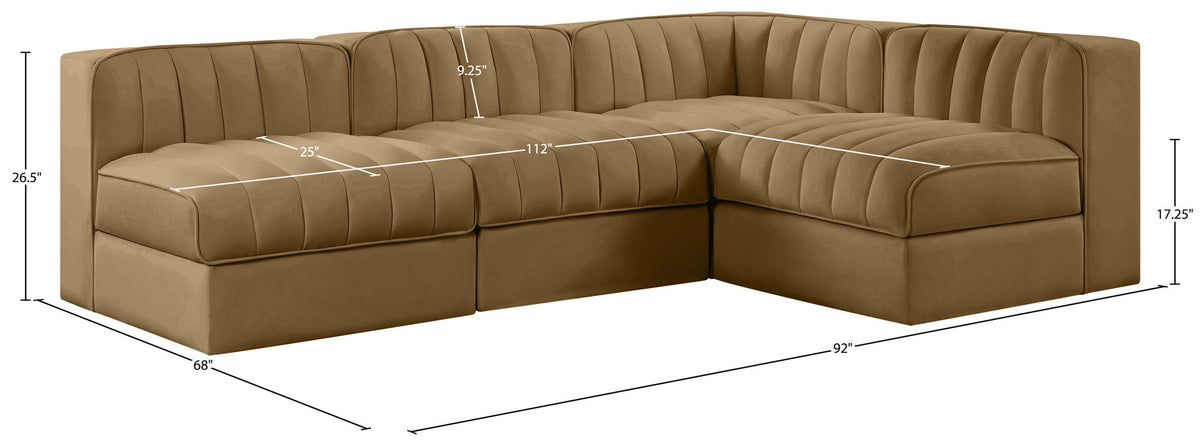 Rummi - Armless Velvet Performance Fabric Upholstered 4 Piece Modular Sectional