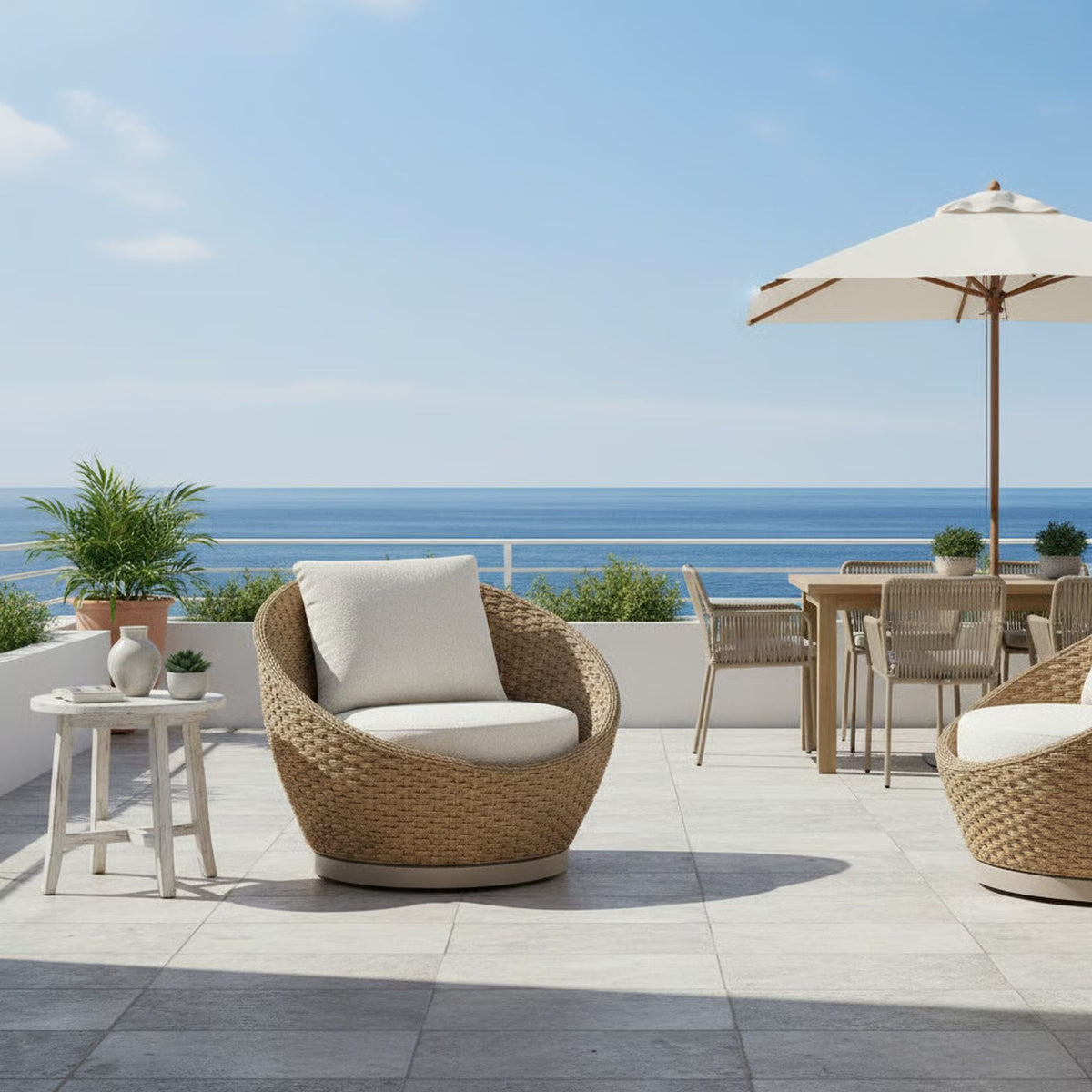 Kobalt - Metal Outdoor Swivel Lounge Chair With Cushions - Boucle White / Natural