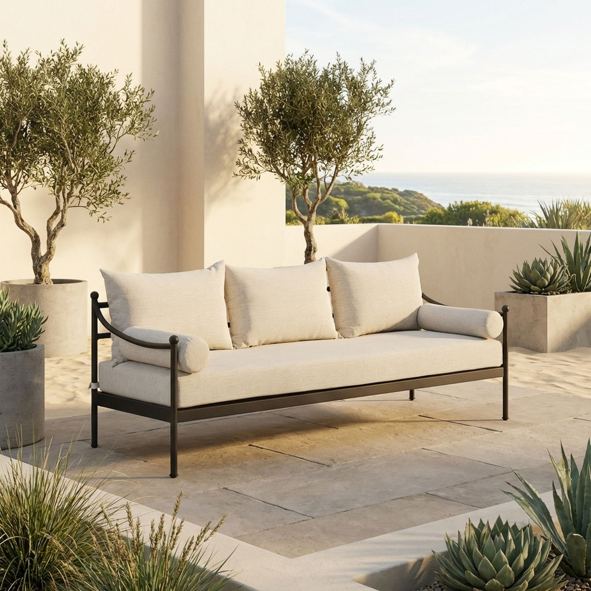 Leni - Outdoor 3 Seat Sofa With Cushions And Powder Coated Aluminum Frame - Moonveil / Warm Gray