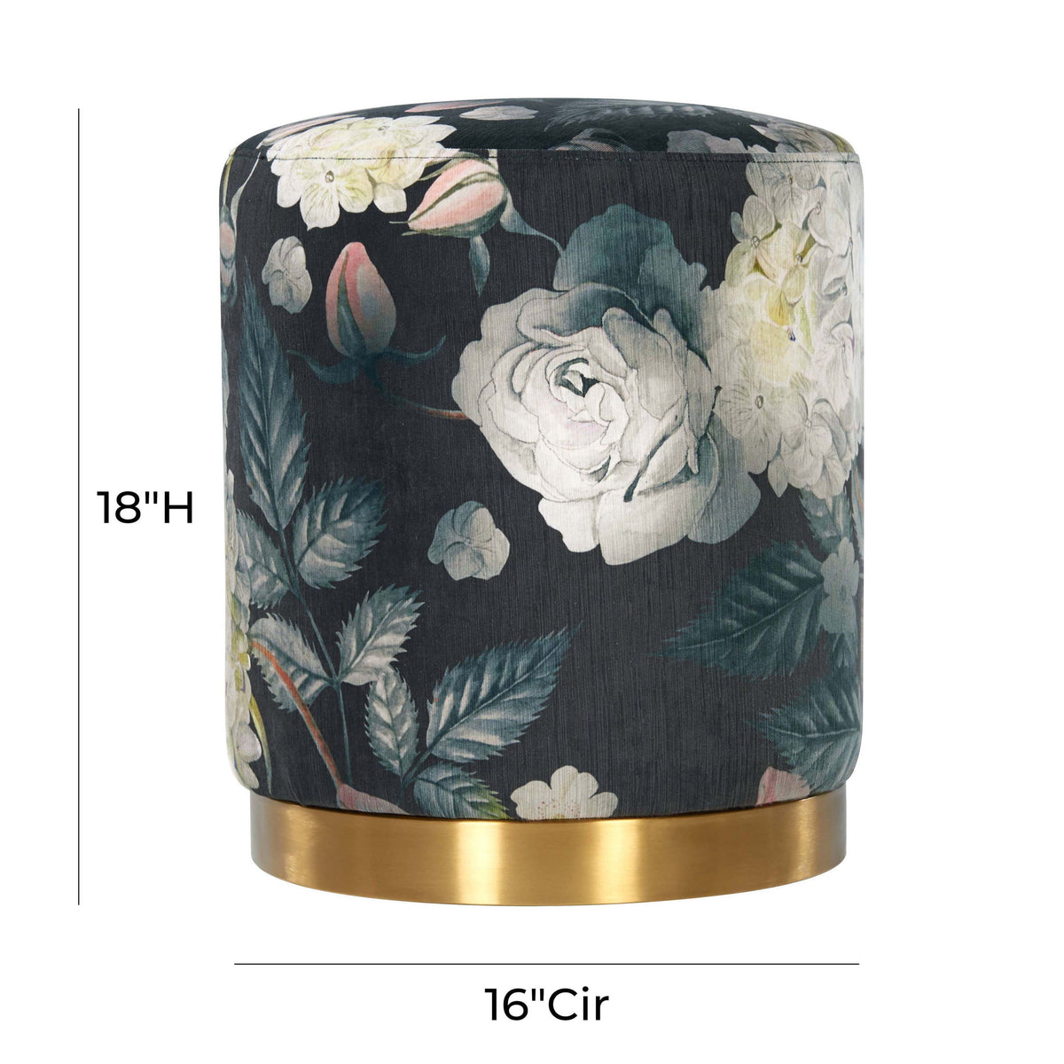 Opal - Floral Velvet Ottoman With Gold Base - Dark Gray
