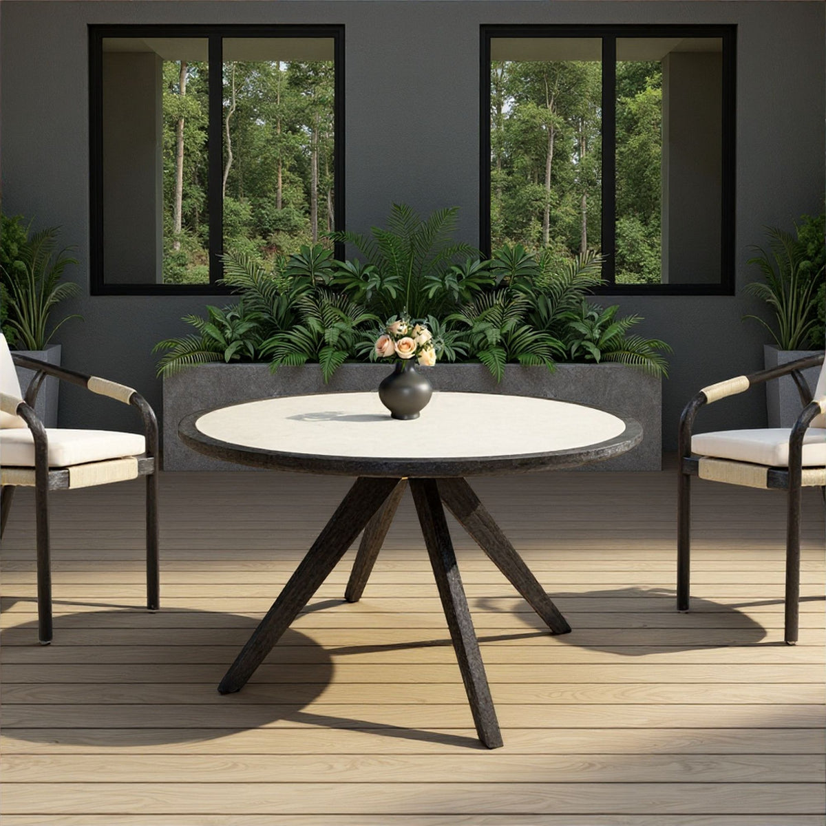 Cezar - 51" Round Outdoor Dining Table, Seats 4 - Black & White Veinstone