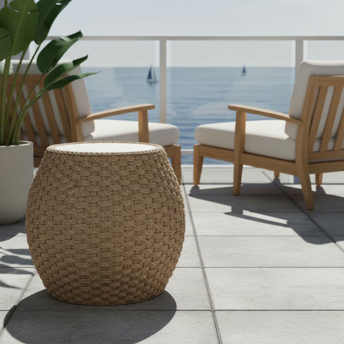Kobalt - Rattan Round Outdoor Side Table With Sintered Stone Table Top - Beige