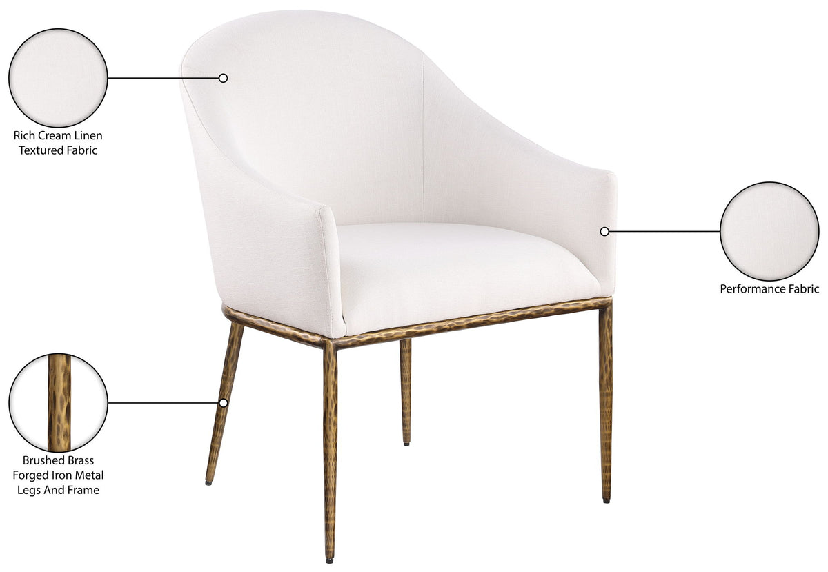 Ferro - Linen Textured Performance Fabric Upholstered Dining Arm Chair - Cream / Brushed Gold