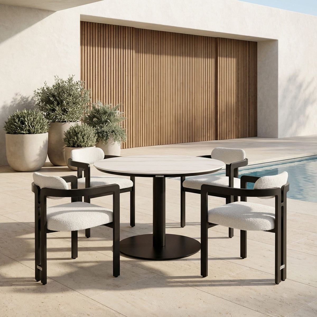 Jazmin - 5-Piece Outdoor Round Sintered Stone Dining Set - White / Black