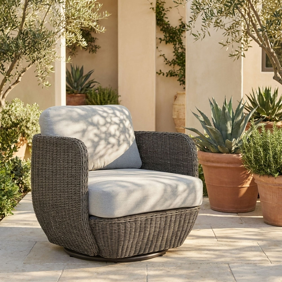 Amira - Outdoor Woven Rattan 360-Swivel Lounge Chair With Aluminum Frame And Mist Gray Cushions - Light Gray / Deep Bronze
