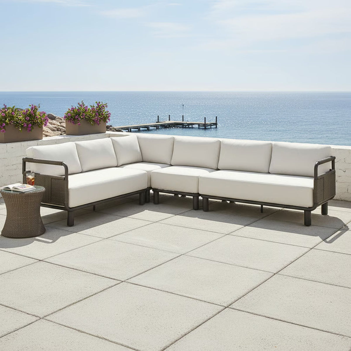 Brampton - Metal Outdoor Sectional With Cushions - Gray / Off White