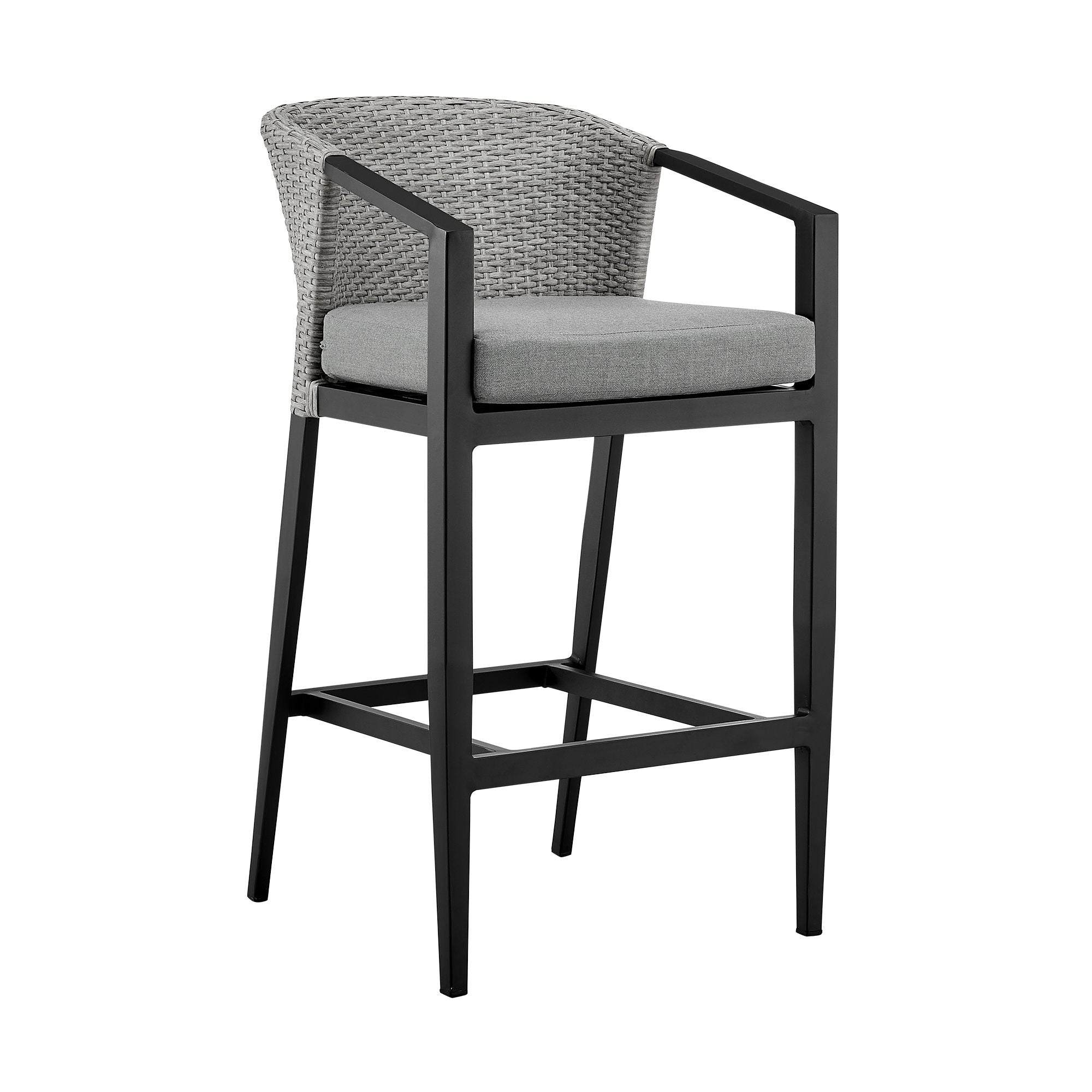 Palma - Outdoor Patio Counter Height Bar Stool In Aluminum And Wicker With Gray Cushions