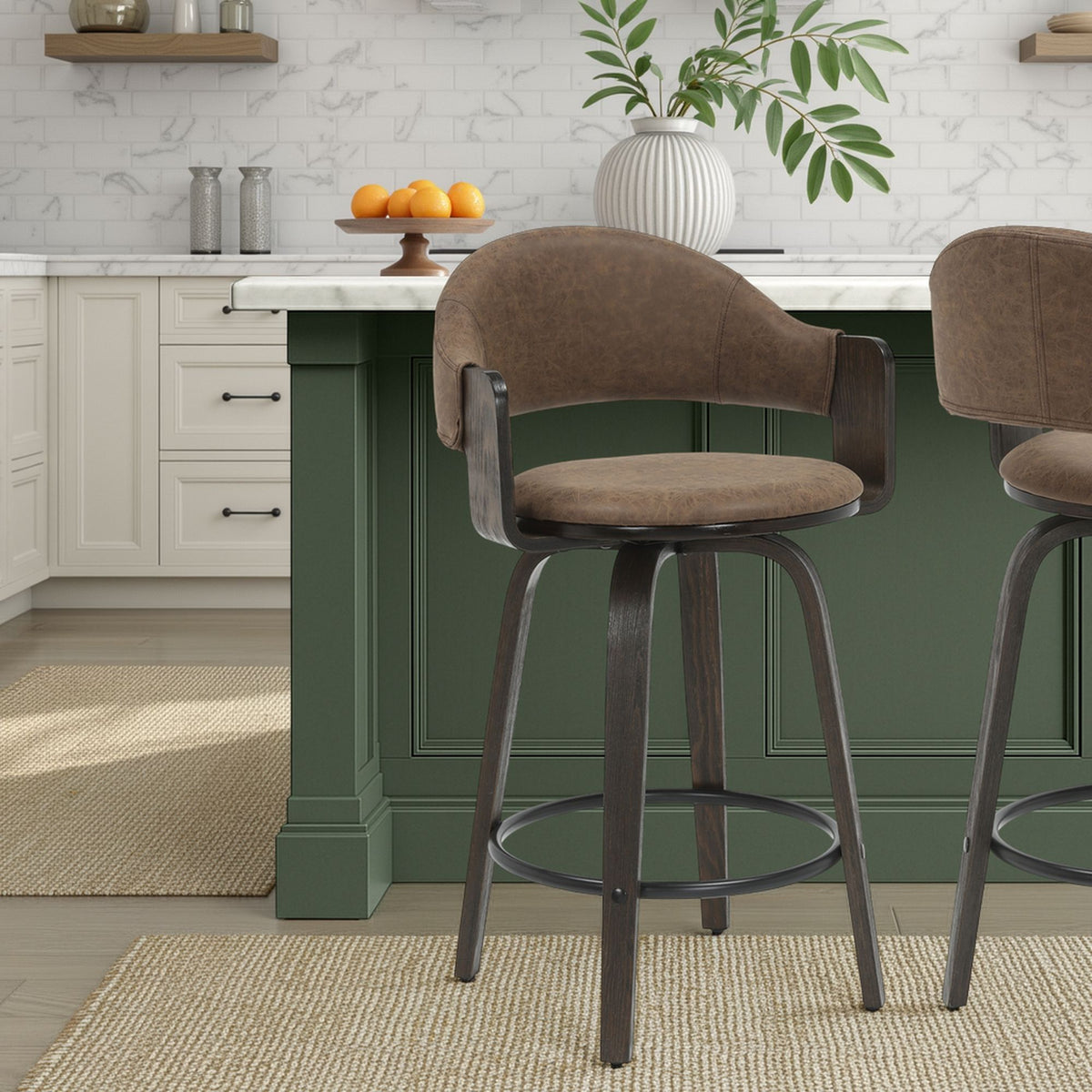 Daxton - Swivel Counter Height Round Back Wood Bar Stool With Faux Leather Seat