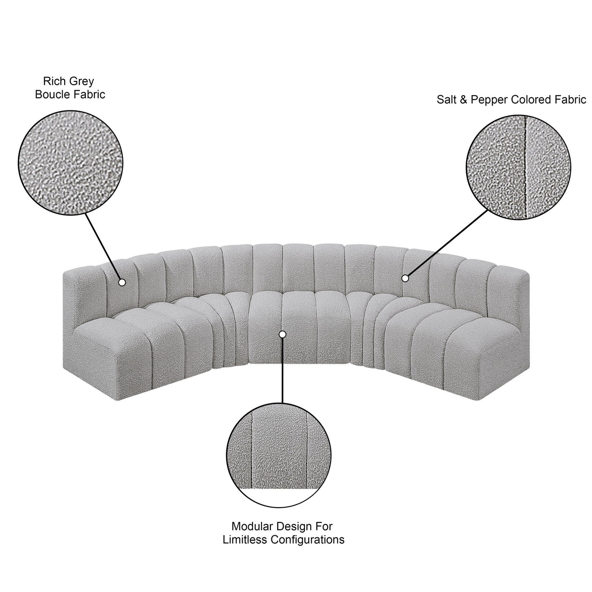 Arc - Boucle Fabric 5 Piece U-Shaped Modular Sofa
