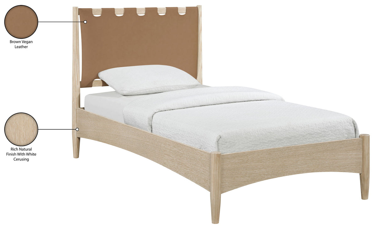 Santos - Vegan Leather Headboard And Wood Bed - Waxed Natural Frame