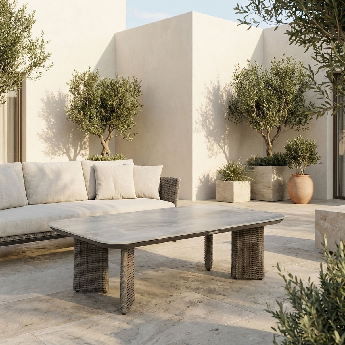 Ciela - Outdoor Rectangular Sintered Stone Coffee Table With Rattan Accents And Frame - Dark Bronze