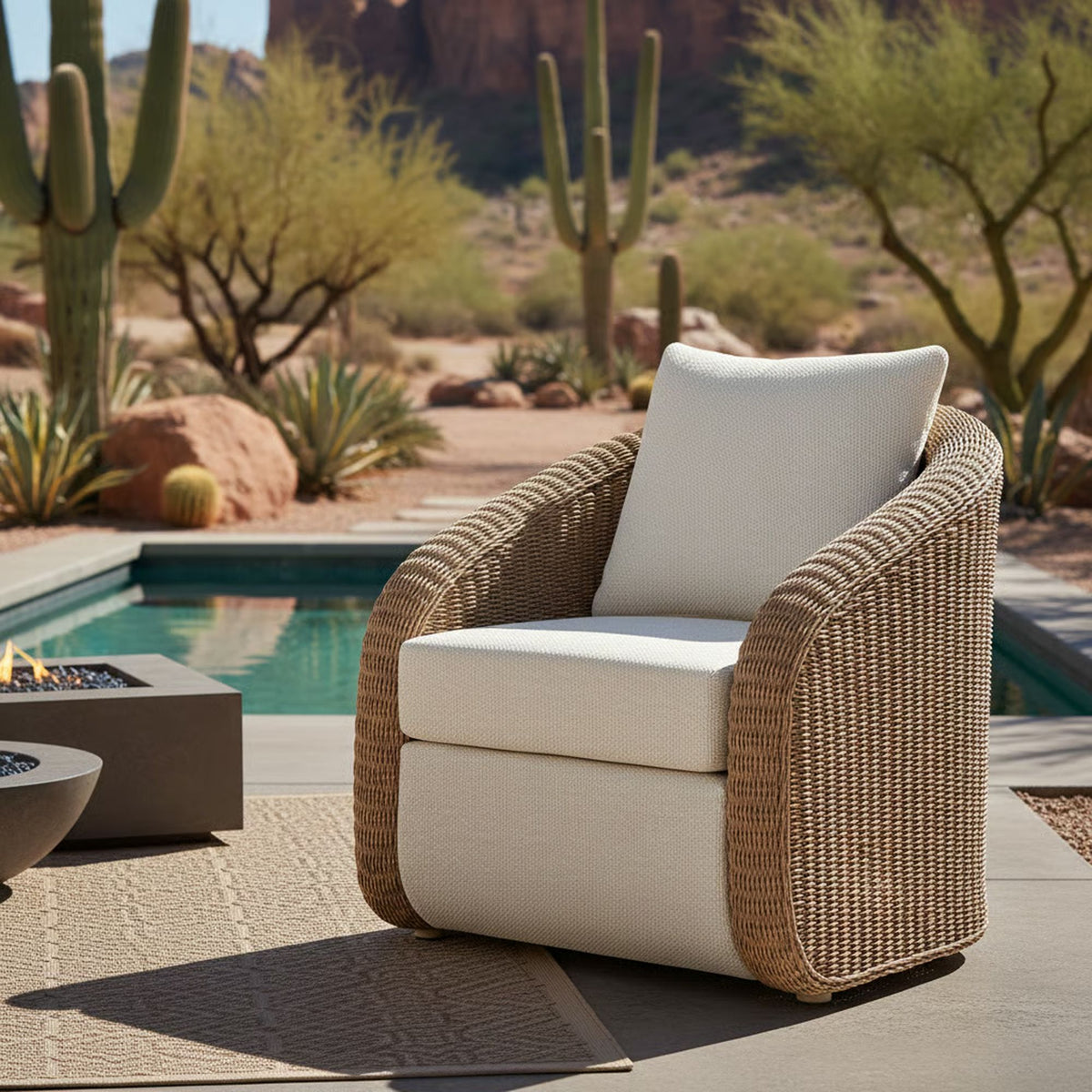 Pavilion - Rattan And Metal Outdoor Lounge Chair With Cushions - Boucle White / Natural