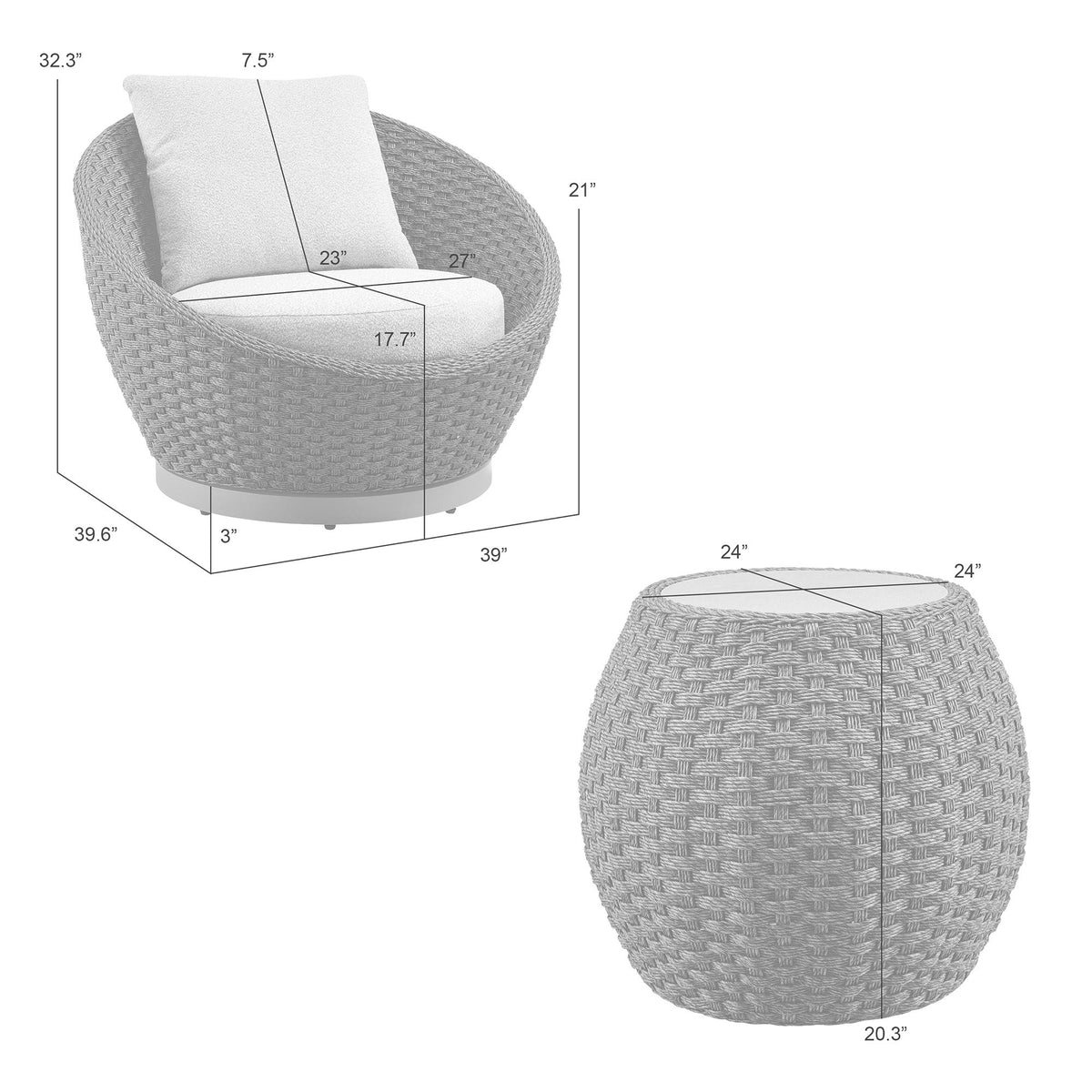 Kobalt - 3-Piece Powder Coated Metal Outdoor Conversation Set With Cushions - Boucle White / Natural