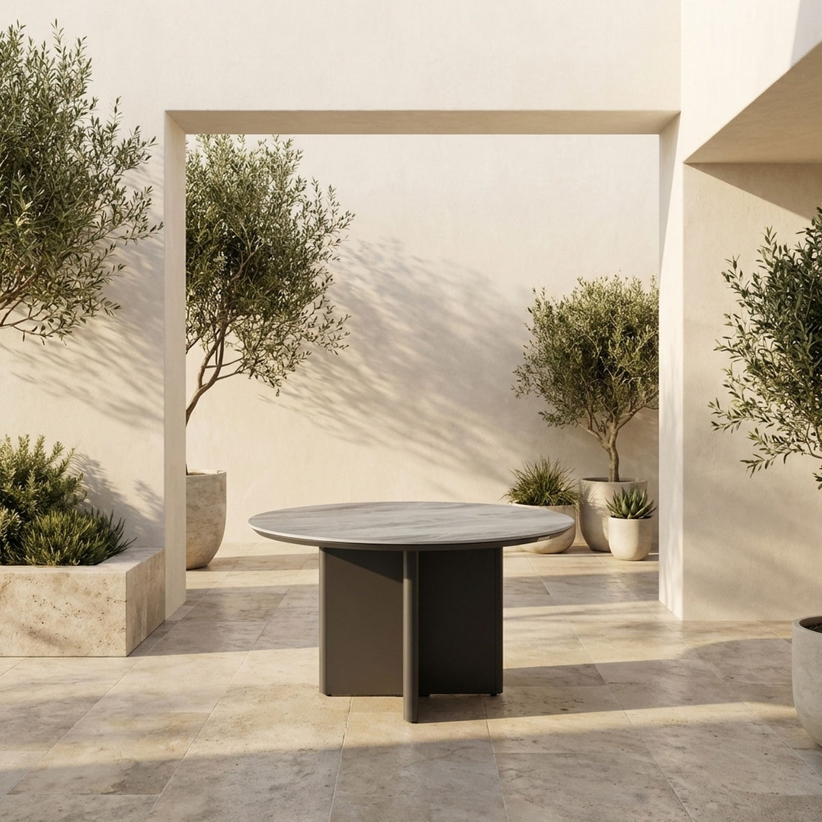 Ciela - Outdoor Round Sintered Stone Dining Table With Sculptural Cross Aluminum Base - Dark Bronze