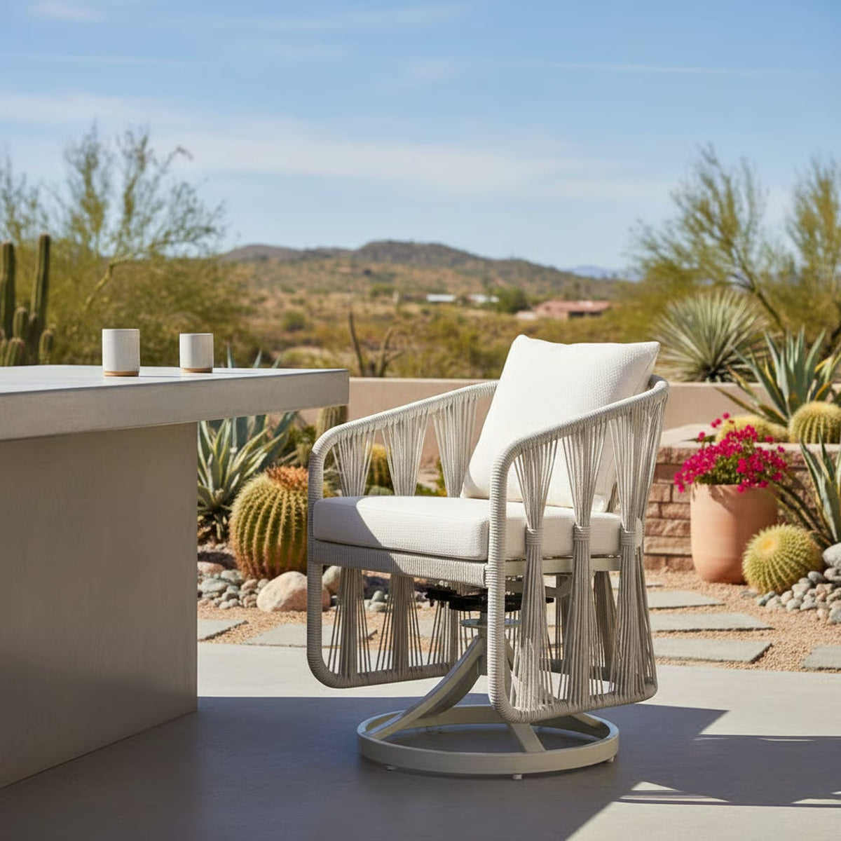 Breeze - Cream Metal Outdoor Swivel Dining Chair With Cushions - Pearl