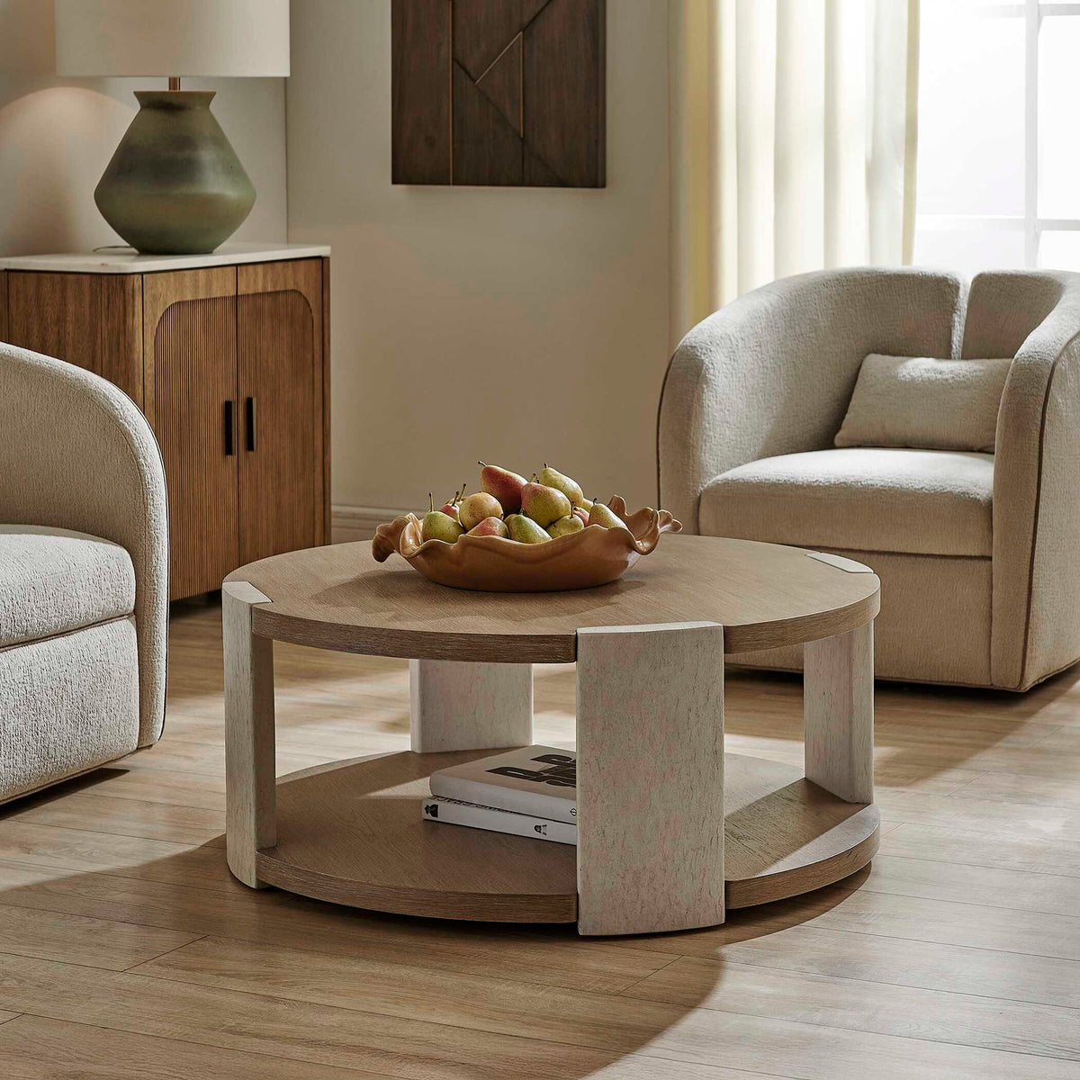 Maulet - Round Coffee Table - Off-White / Oak