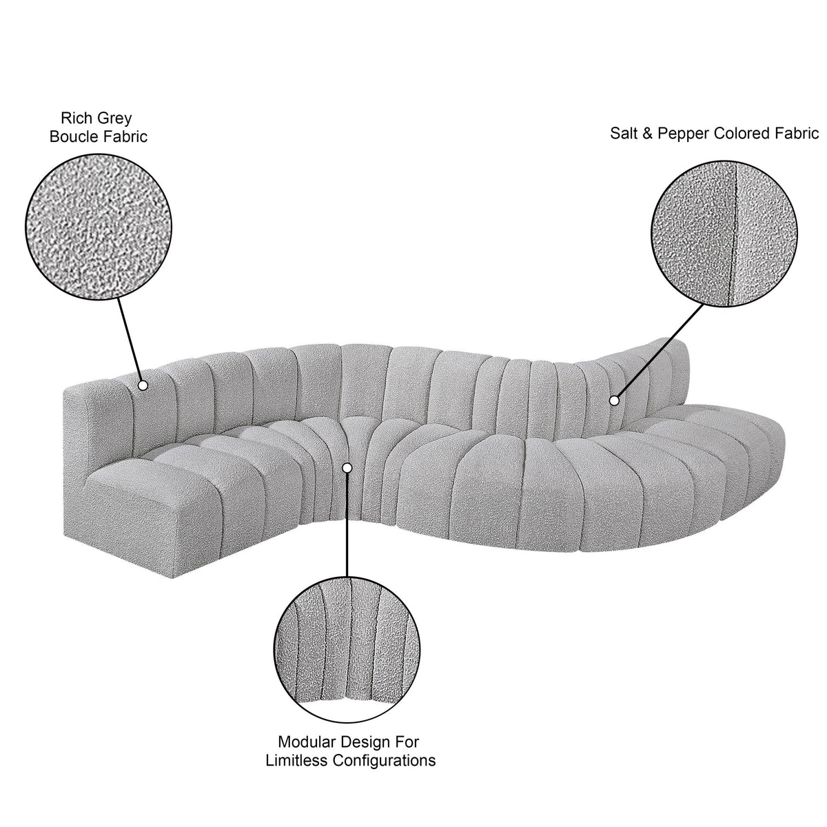 Arc - Boucle Fabric 6 Piece Curved Modular Sofa