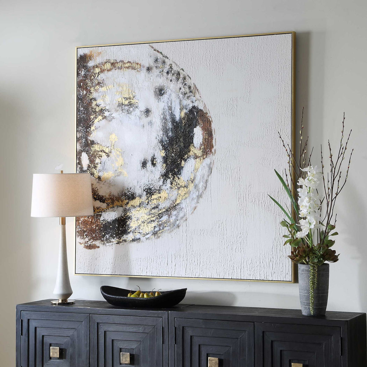 Moon Landing - Hand Painted Abstract Art - Black / Brown / Gold / Gray / White