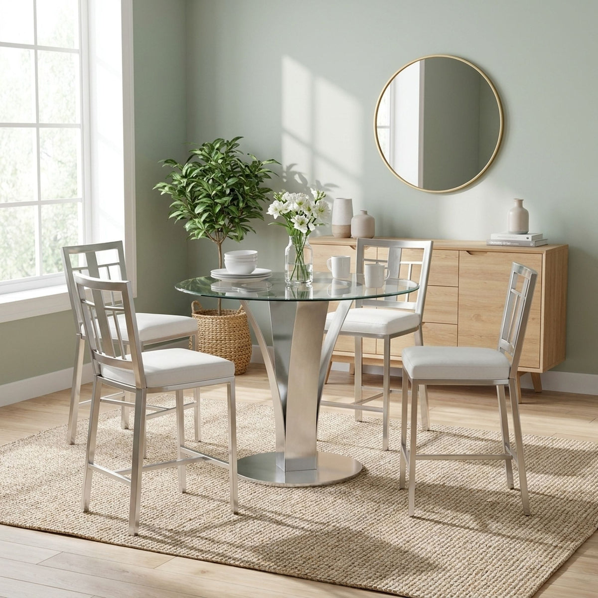 Celina - 5-Piece Round Tempered Glass Tabletop Dining Table Set With Stools Seats Up To 4 - White