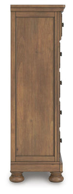 Feddinger - 5 Pc. - Queen Sleigh Storage Bed, Dresser, Mirror, Chest And Nightstand - Medium Brown