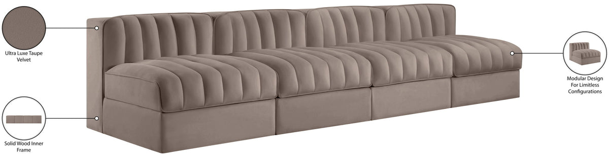 Rummi - Armless Velvet Performance Fabric Upholstered 4 Piece Modular Sofa