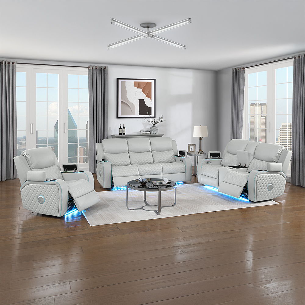 Elonzo - Power Motion Recliner With LED, Power Headrest & Speaker - Light Gray