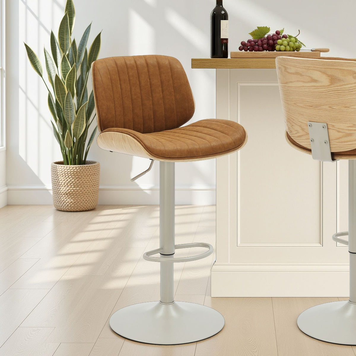 Brock - Adjustable Swivel Curved Back Wood Bar Stool With Faux Leather Seat