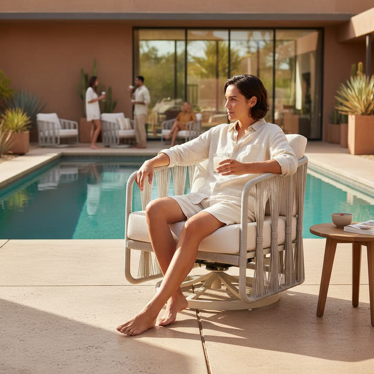 Breeze - Cream Metal Outdoor Swivel Lounge Chair With Cushions - Pearl