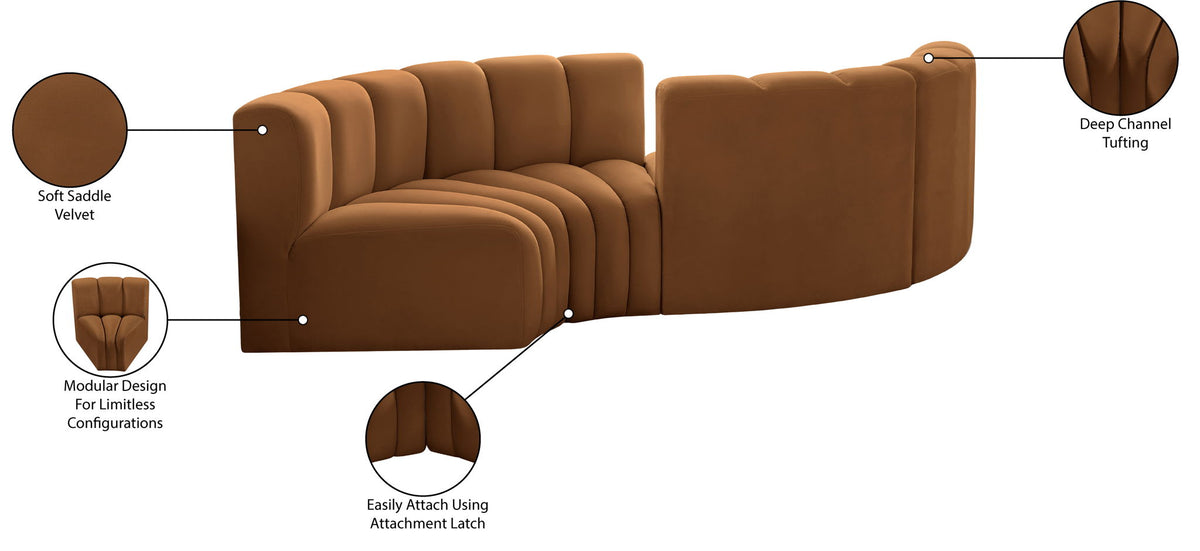 Arc - Velvet 4 Piece Curved Modular Sofa - Saddle