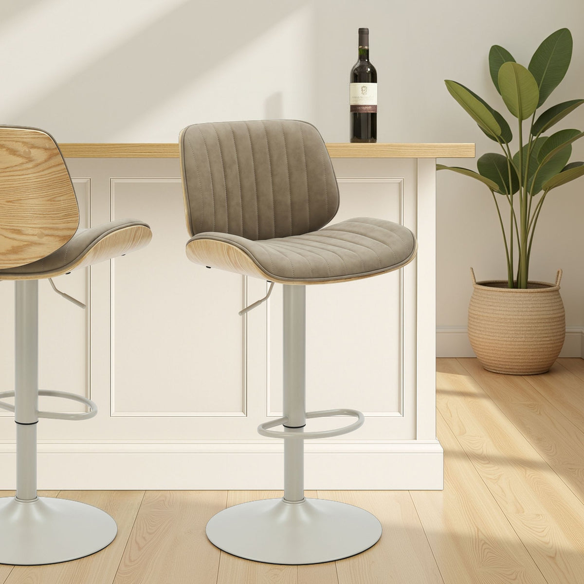 Brock - Adjustable Swivel Curved Back Wood Bar Stool With Faux Leather Seat