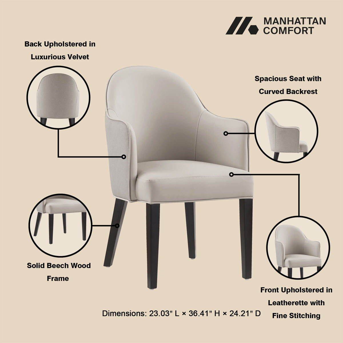 Hillman - Armchair, Vegan Leather And Velvet - Light Gray