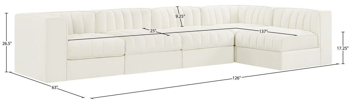 Rummi - Velvet Performance Fabric Upholstered 5 Piece Modular Sectional, L-Shaped (Right)
