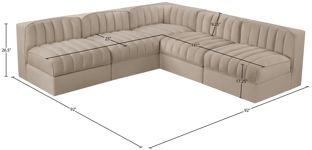 Rummi - Armless Velvet Performance Fabric Upholstered 5 Piece Modular Sectional