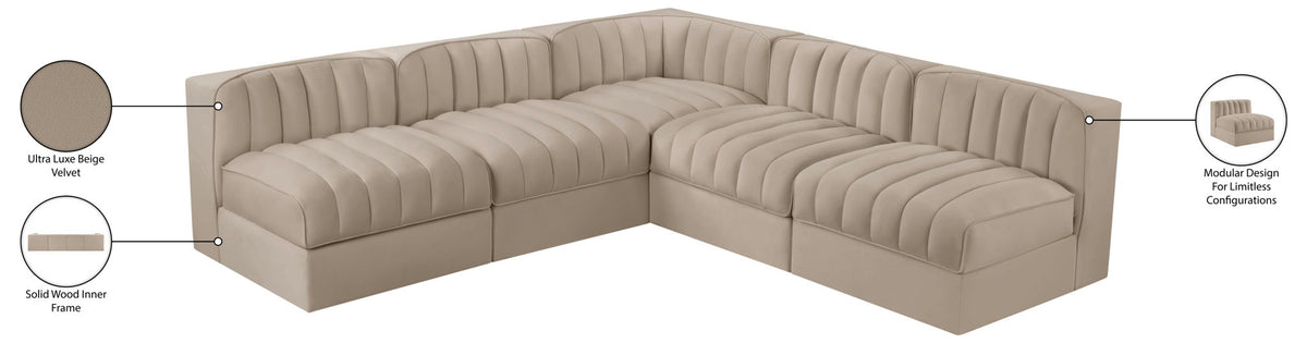 Rummi - Armless Velvet Performance Fabric Upholstered 5 Piece Modular Sectional